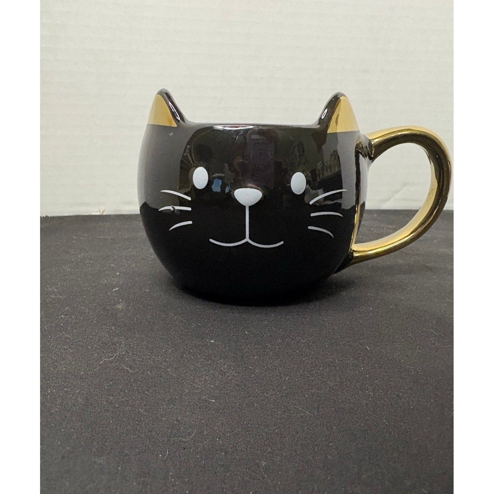 Black‎ Cat Kitty Meow Mug with gold handle